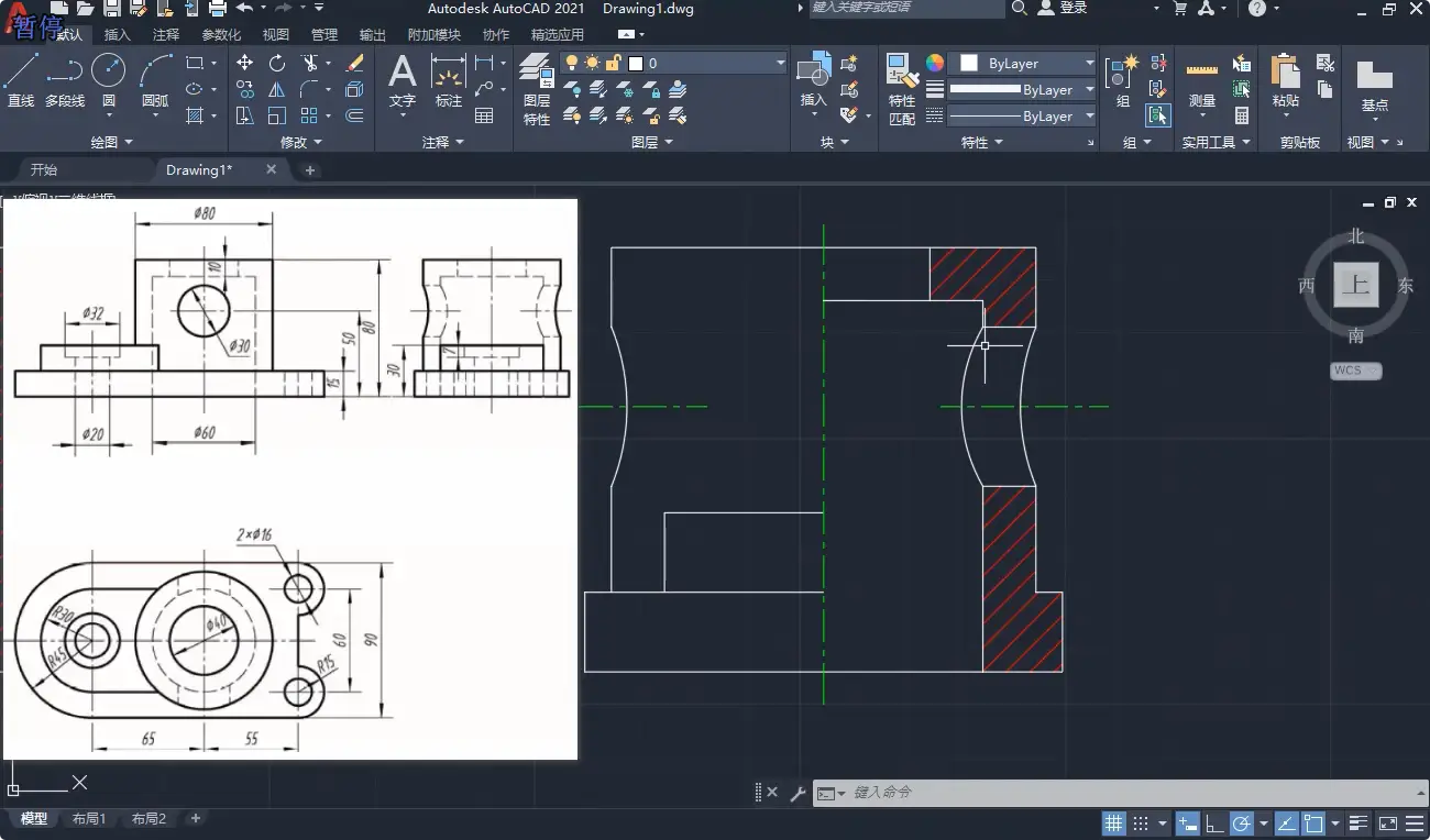 AutoCAD机械制图三视图绘制：左视图半剖视图画法